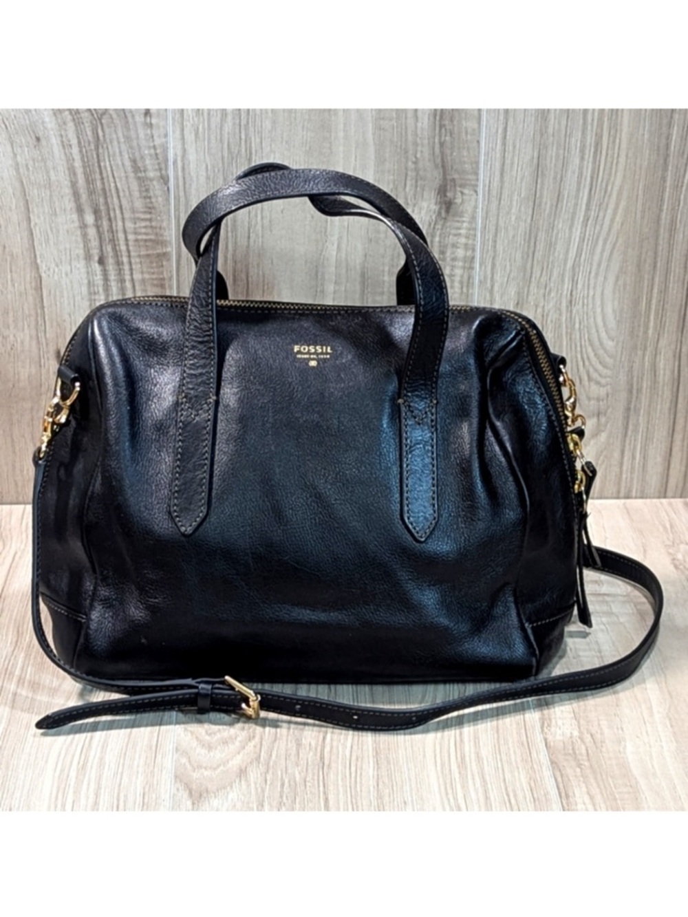 FOSSIL Sydney Black Pebbled Leather Satchel Purse Handbag Gold Hardware - Picture 14 of 14